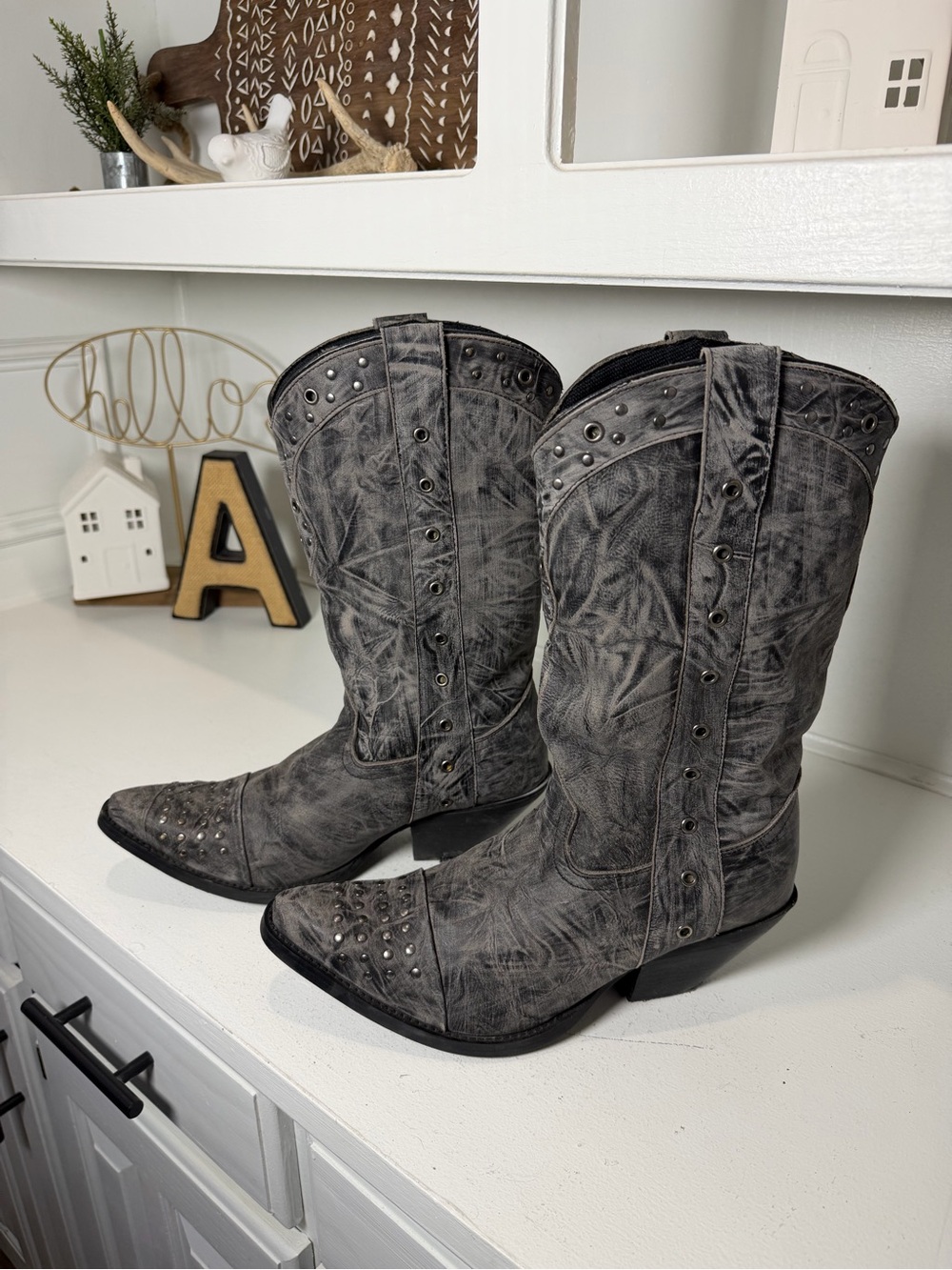 Durango Cowboy Boots Women's 10 Gray Studded Leather Western Boots Snip Toe Y2K